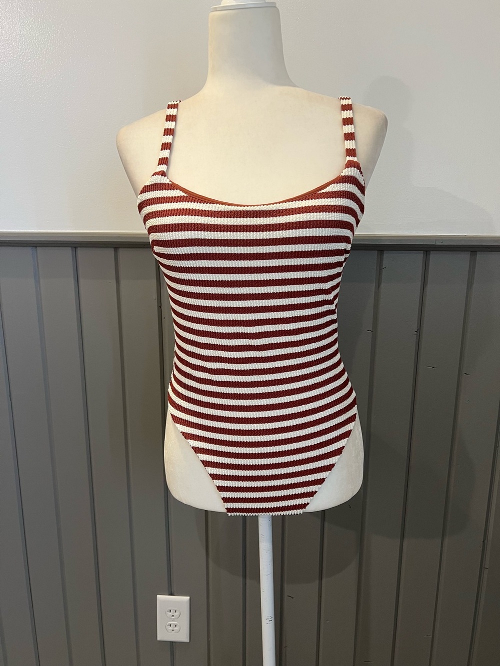 Striped Ribbed Tank Bodysuit - Red & White
